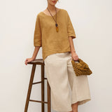 100% Linen V-Neck 3/4 Length Sleeve Top DORA