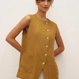 100% Linen Arc-Placket Button-Front Vest ELFRIDA