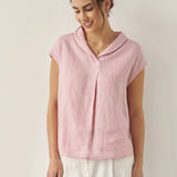100% Linen Shawl V-Neck Cap Sleeves Top ELARA
