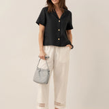 100% Linen Button-Up Short Sleeve Shirt ORENDA