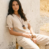 100% Linen Tie Cuff Notched V-Neck Top AI