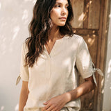100% Linen Tie Cuff Notched V-Neck Top AI