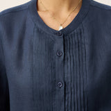 100% Linen Sculpted Accordion Pleat Crew Neck Shirt RANA