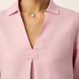 100% Linen Layered Lapel V-neck Sculpted Front Pleat Longline Top ODALYS