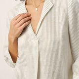 Linen-Lyocell Striped Lapel Inverted Pleat Pullover Top MARGOT