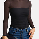 Illusion Mesh Turtleneck Long Sleeve Tummy Control Bodysuit