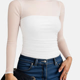 Illusion Mesh Turtleneck Long Sleeve Tummy Control Bodysuit