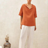 100% Linen V-Neck Short Sleeve Shirt SIERRA