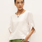 100% Linen Round Neck Petal-Sleeve Pullover LAUREL