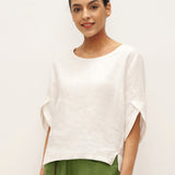 100% Linen Round Neck Petal-Sleeve Pullover LAUREL