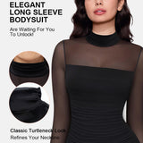Illusion Mesh Turtleneck Long Sleeve Tummy Control Bodysuit