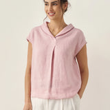100% Linen Shawl V-Neck Cap Sleeves Top ELARA