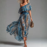 Wild - Long chiffon dress with leopard print and bare shoulders