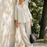 Linen-Lyocell Striped Lapel Inverted Pleat Pullover Top MARGOT