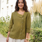 100% Linen Crescent Neck Button Detail 3/4 Sleeve Top ADALYN