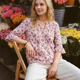Linen Paisley Pintucked Ruffle-Cuff Curved Hem Blouse ILARIA
