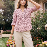 Linen Paisley Pintucked Ruffle-Cuff Curved Hem Blouse ILARIA
