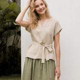 100% Linen Plaid Detachable Tie-Belt Split-Neck Top LEXIE