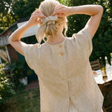 100% Linen Plaid Detachable Tie-Belt Split-Neck Top LEXIE