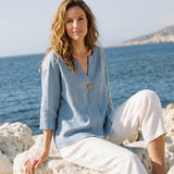 100% Linen Drop Shoulder V-Neck Statement Button Top LISARA