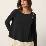Cotton-Linen Contrast Panel Long Sleeve Top SILVIA