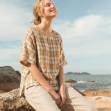 100% Linen Plaid Drop Shoulder Side Slit Top LORNA
