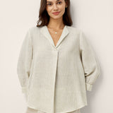 Linen-Lyocell Striped Lapel Inverted Pleat Pullover Top MARGOT