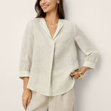 Linen-Lyocell Striped Lapel Inverted Pleat Pullover Top MARGOT