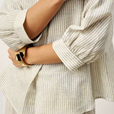 Linen-Lyocell Striped Lapel Inverted Pleat Pullover Top MARGOT