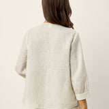 Linen-Lyocell Striped Lapel Inverted Pleat Pullover Top MARGOT