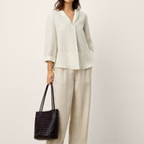 Linen-Lyocell Striped Lapel Inverted Pleat Pullover Top MARGOT