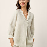 Linen-Lyocell Striped Lapel Inverted Pleat Pullover Top MARGOT