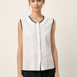 Linen-Lyocell Contrast Trim Pleated Sleeveless Top JUNIPER