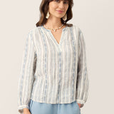 Linen Tribal Stripe Split Neck Bohemian Blouse KERENZA