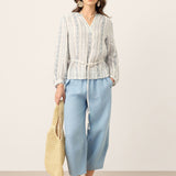 Linen Tribal Stripe Split Neck Bohemian Blouse KERENZA