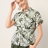 Linen Palm Print Drawstring Waist Cuffed Sleeve Shirt HILDEGARD