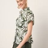 Linen Palm Print Drawstring Waist Cuffed Sleeve Shirt HILDEGARD