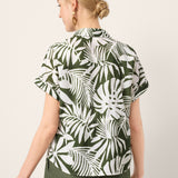 Linen Palm Print Drawstring Waist Cuffed Sleeve Shirt HILDEGARD