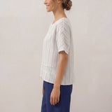 100% Linen Pleated Striped Pullover Top VIA