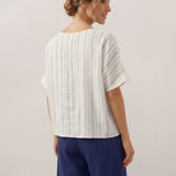 100% Linen Pleated Striped Pullover Top VIA