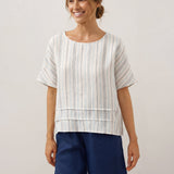 100% Linen Pleated Striped Pullover Top VIA