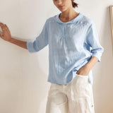 100% Linen Shawl V-Neck Half Sleeve Top JADE