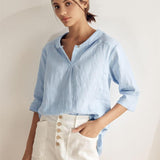 100% Linen Shawl V-Neck Half Sleeve Top JADE