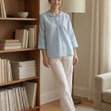 100% Linen Shawl V-Neck Half Sleeve Top JADE