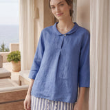 100% Linen Shawl V-Neck Half Sleeve Top JADE