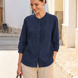 100% Linen Sculpted Accordion Pleat Crew Neck Shirt RANA