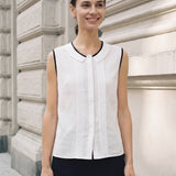 Linen-Lyocell Contrast Trim Pleated Sleeveless Top JUNIPER
