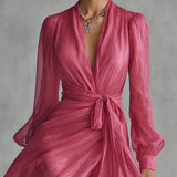 Abigail - Elegant Rose Pink Chiffon V-neck Tie-waist Long Dress