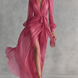 Abigail - Elegant Rose Pink Chiffon V-neck Tie-waist Long Dress