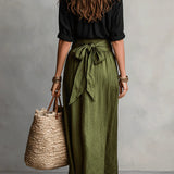 Vera - Two-Piece Set: Black T-Shirt and Olive Green Midi Skirt